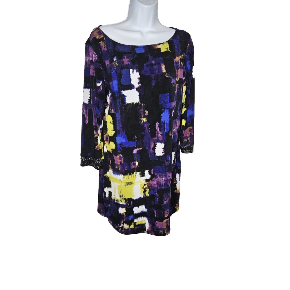 Style & Co Tunic Top M‎ Multicolor Abstract Print Stretch 3/4 Sleeve Women's